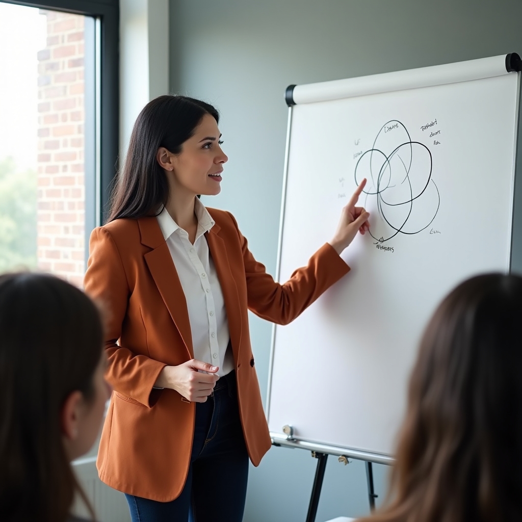A woman in her early 30s presenting a diagram on a whiteboard to a small attentive group in a bright modern room