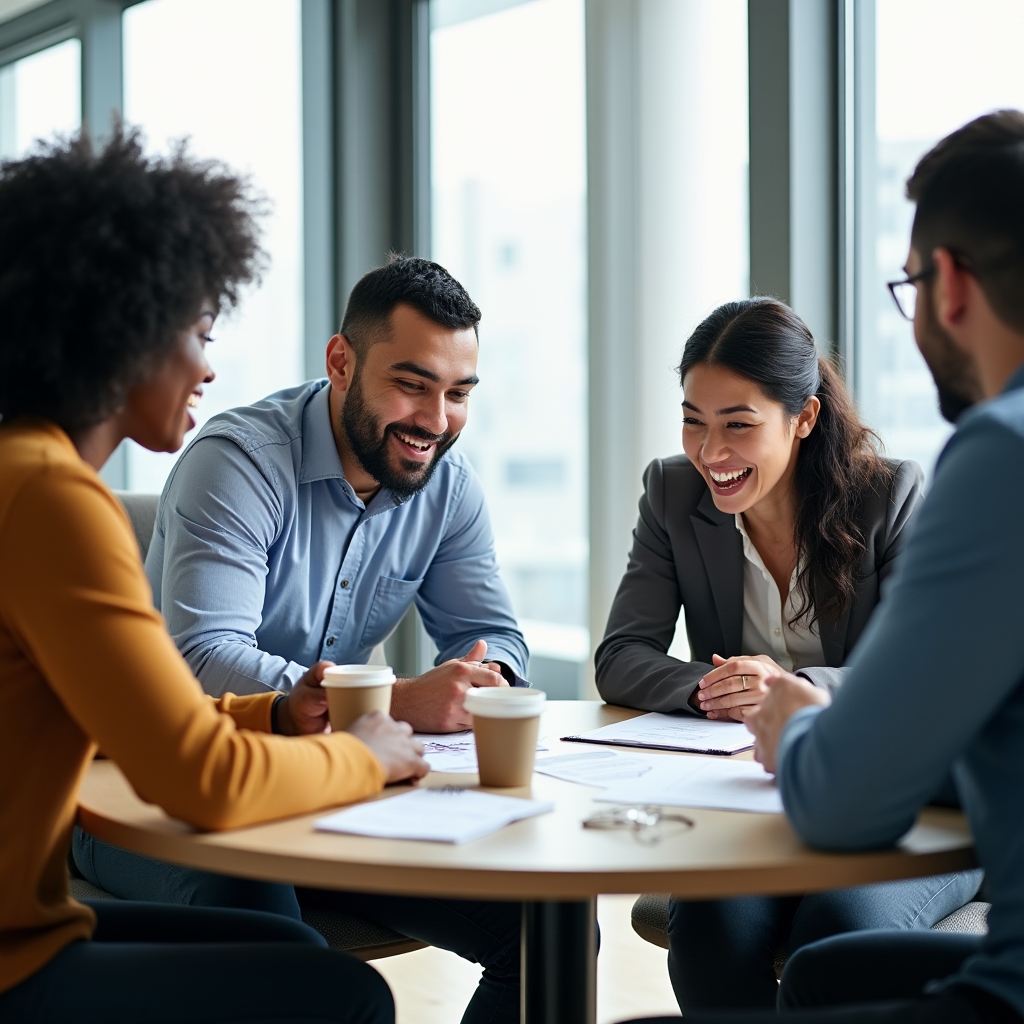 Four professionals of mixed ethnicities seated around a round table, engaged in animated discussion about a shared document