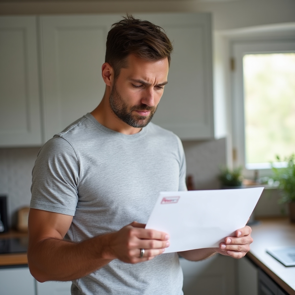 Person holding an unopened envelope with a pension company logo, hesitating at a kitchen table