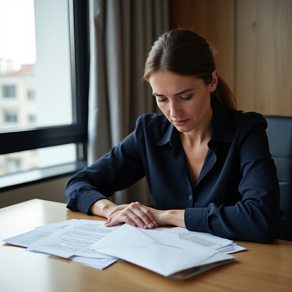 Person sitting at a desk, staring at a stack of unopened financial documents with a thoughtful expression